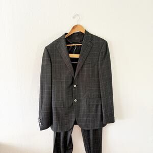 Corneliani Blazer Suit Set Men's 52L Gray Grid Plaid Made in Italy Virgin Wool